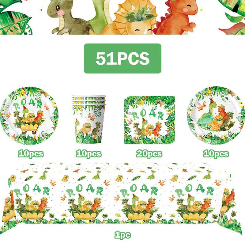 Fröhliches Dinosaurier-Geburtstags-Dekorationsset mit Bechern, Tellern, Dinosaurier-Luftballons, Aufklebern, Banner und Geschenktüten für Kinder und Jungen – Detail 1