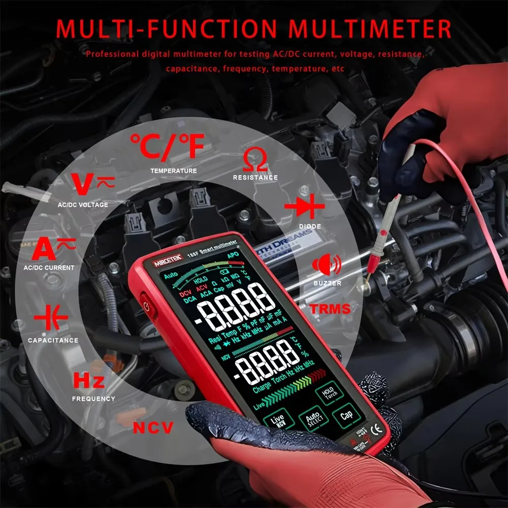MIRCETEK Digital Multimeter 188F Touch Screen AC DC Ammeter Voltmeter Capacitance Ohm Meter Hz NCV Smart Electrical Mutitester