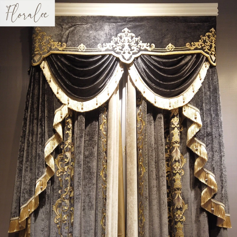 New European Style Luxury Curtains for Villa Living Room Coffee Color Silk Velvet Gold Embroidery High Quality High-end Custom 4