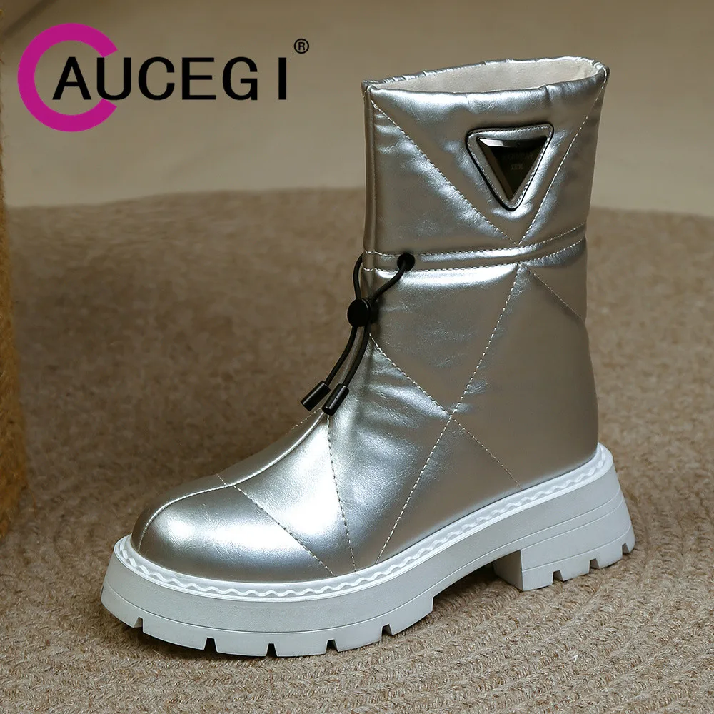 

Aucegi Russia Keep Warm Snow Round Toe Winter Ankle Boots Fashion Thick Bottom Quality Leather Sewing Slip On Daily Life Shoes