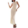 2025 New Long Women's Solid Color Knit Hollow Round Neck Sleeveless Beach Coverup Dresses 4