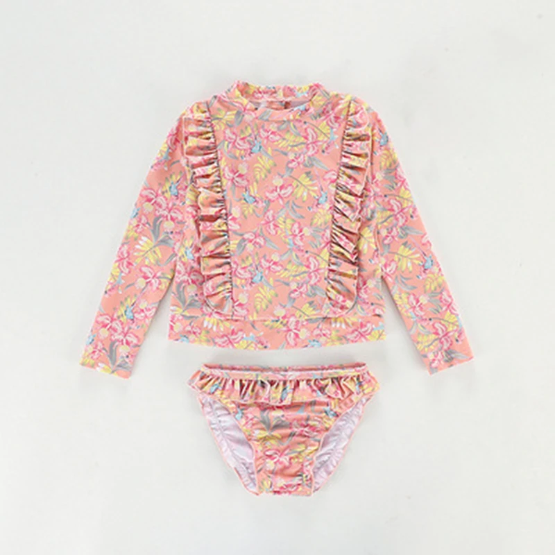 

Spring Summer Kids Clothes Girls Swimwear Baby Split Swimsuit Set for Girl Floral Print Ruffled Long Sleeve Top Shorts 2Pcs Suit