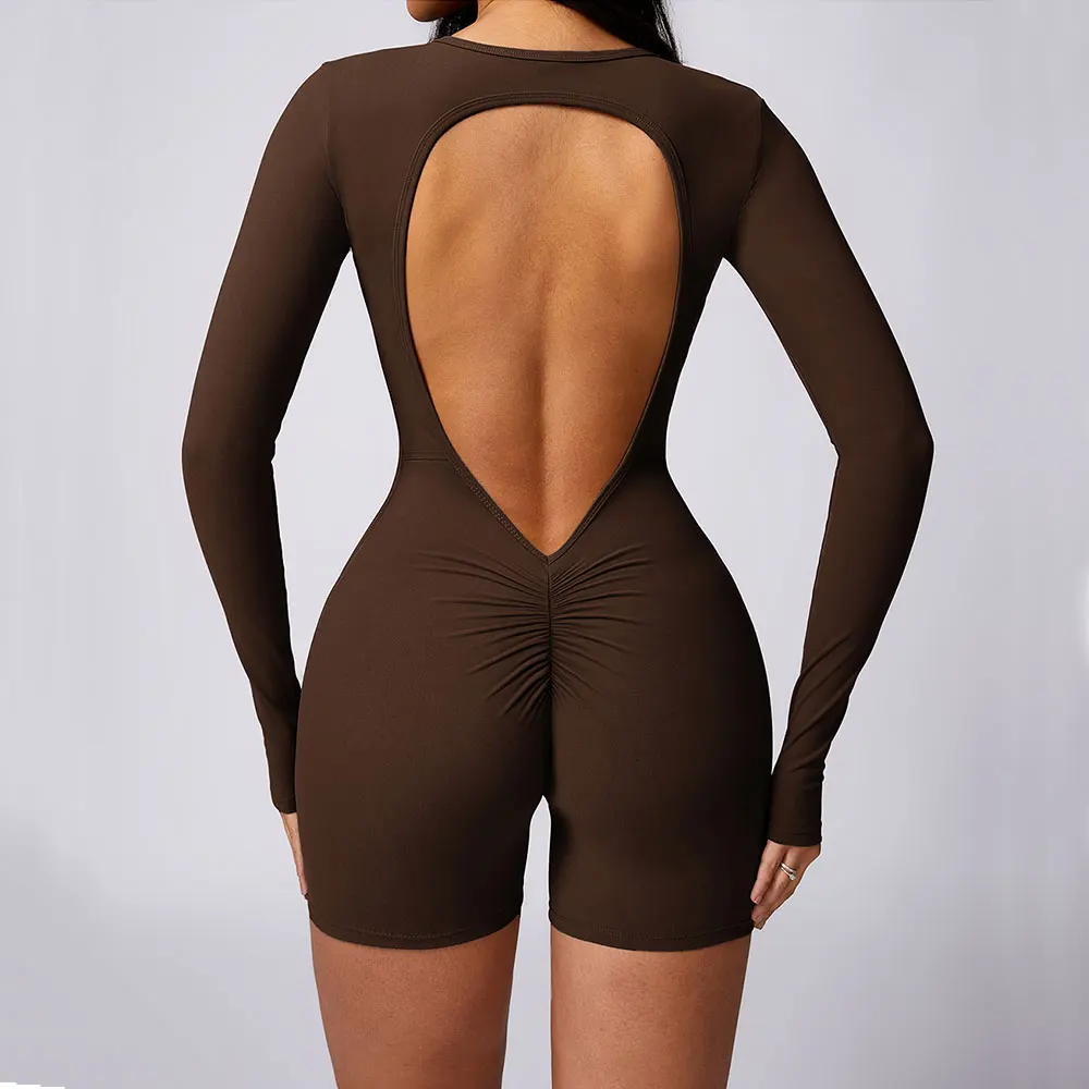 Sexy Back V Jumpsuit Gym Set Women Training Yoga Suit Long Sleeves Sportswear Sports Fitness Rompers Stretch Workout Bodysuits