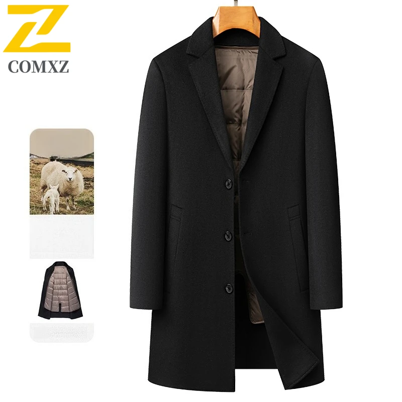COMXZ Men Wool Blends Coat Mid Length Removable Liner Business Golf Trench Coat Office Banquet Light Luxury High End Wool Jacket