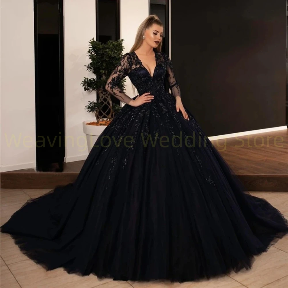 

Black Wedding Dresses Sequin Lace Appliques Bridal Gowns with Long Sleeve Lace-up A-Line Princess Party Dress Vestidos De Novia