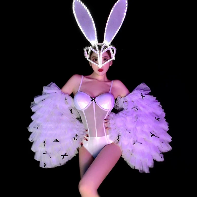 

Sexy Gogo Dancer Outfit Puff Sleeve Rabbit Headwear Bodysuit Pole Dance Clothes Drag Queen Costume Nightclub Dancewear VDB5346