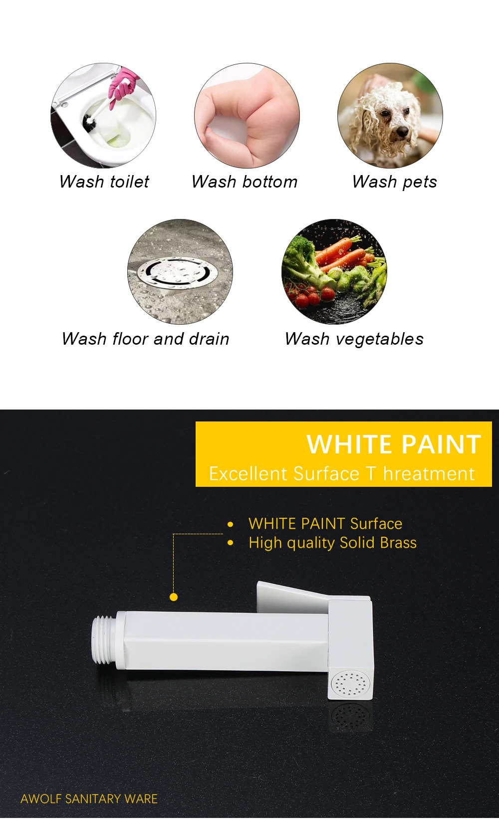 Description Picture 4 of itemAwolf White Bidet Faucet Solid Brass Handheld Toilet Bidet Sprayer Dual handle Dual Outlet Filling Valve Shattaf Shower AP2223