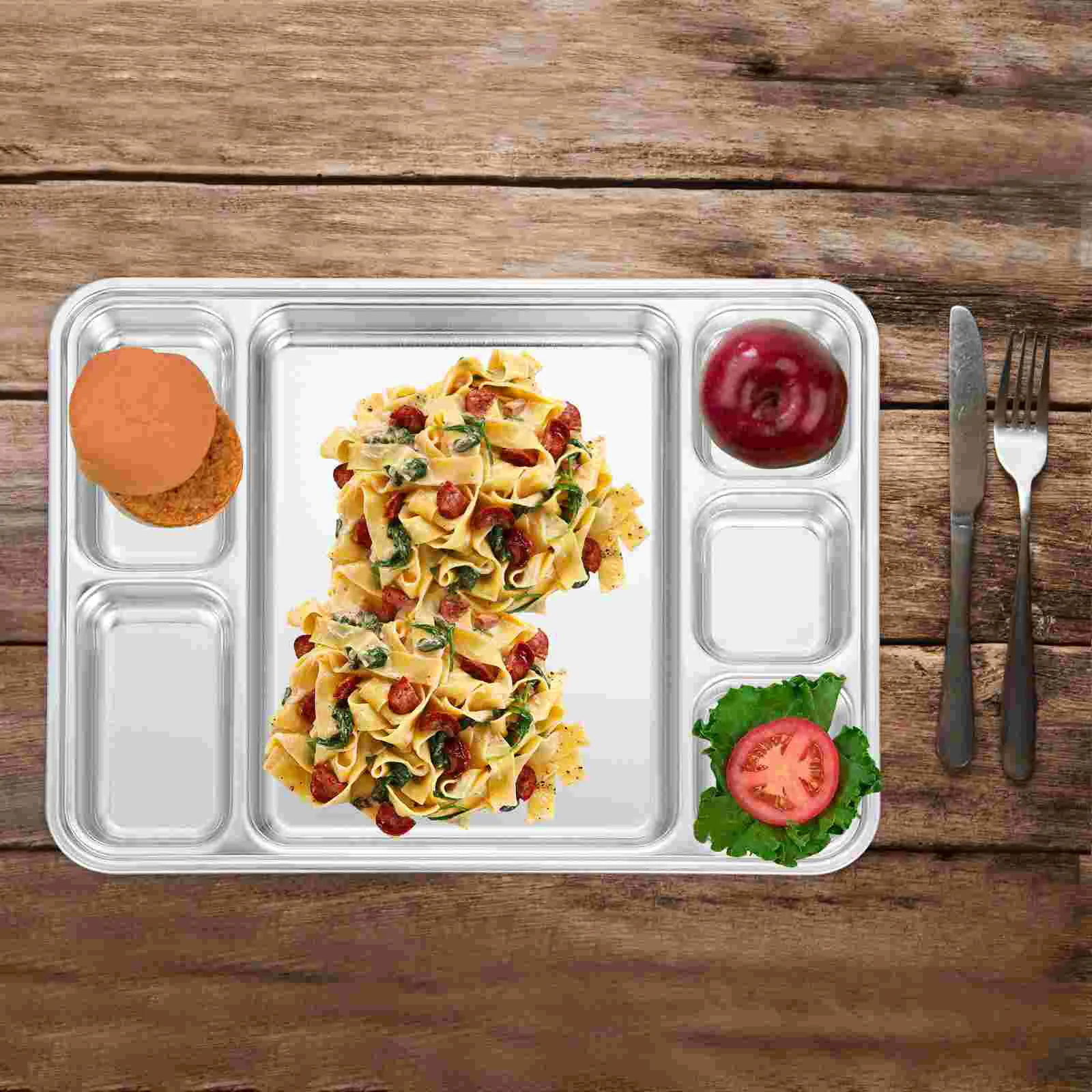 

Paper Cups Kids Plates Stainless Steel Divided Plate 6 Compartments Retangular Divided Plate Metal Lunch Tray Home