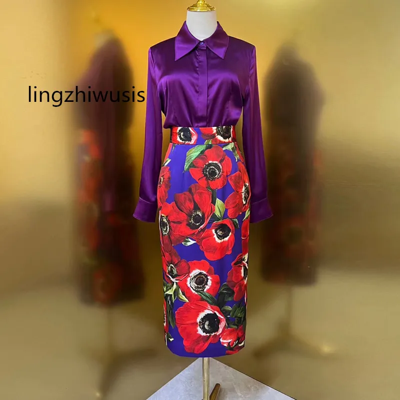 

Women Silk Skirt 2024 Spring Summer Female Silk Blouse Actiniae Print Red Slit Skirts Bud New Arrive