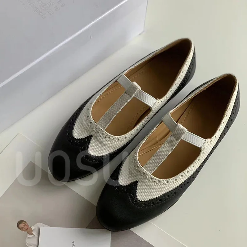 Luxury Women's Flats Designer Mary Jane Ladies Shoes Calfskin Colorblocking Round Toe Commuter Shoes Corporate White Collar