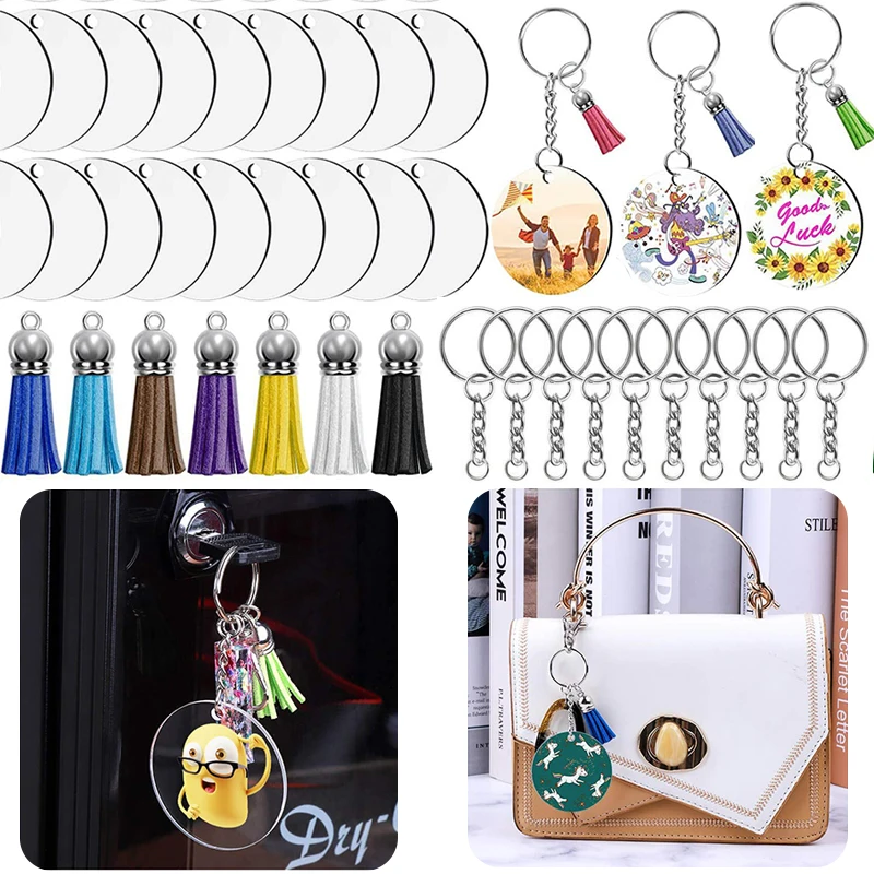 

DIY Acrylic Clear Circle Discs Keychain Tassels Set Round Acrylic Keyring Blank Leather Tassel Jump Rings For Making Keychains