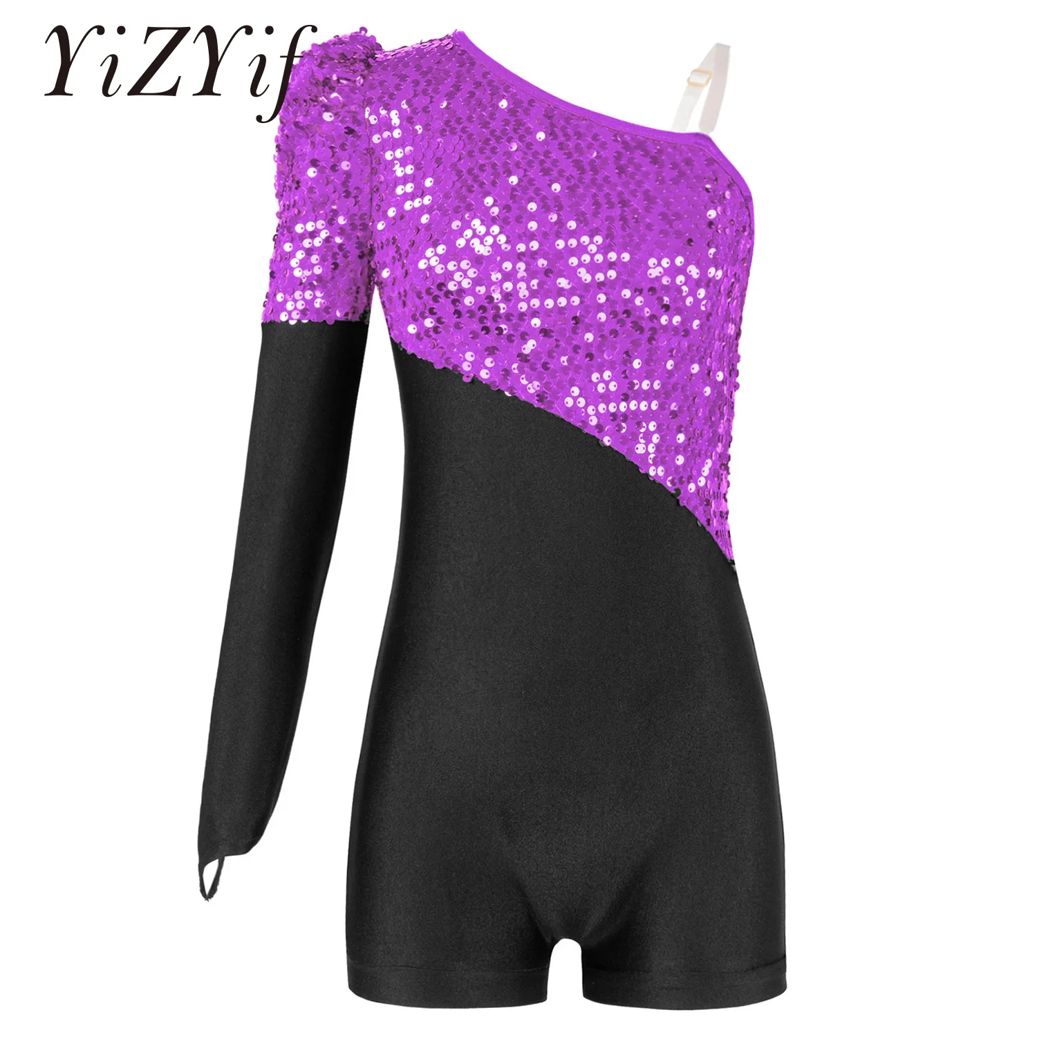 

Girls Sequins Jazz Latin Ballet Dance Leotard Jumpsuit Kids Single Long Sleeve Figure Skating Unitard Stage Performance Costume