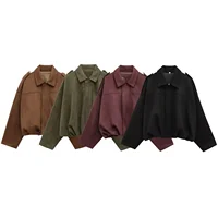 Unique Design Suede Jacket Women's Long Sleeve Waist Cinched Cuffed Flip Collar Pilot Style Fashionable Versatile Outerwear