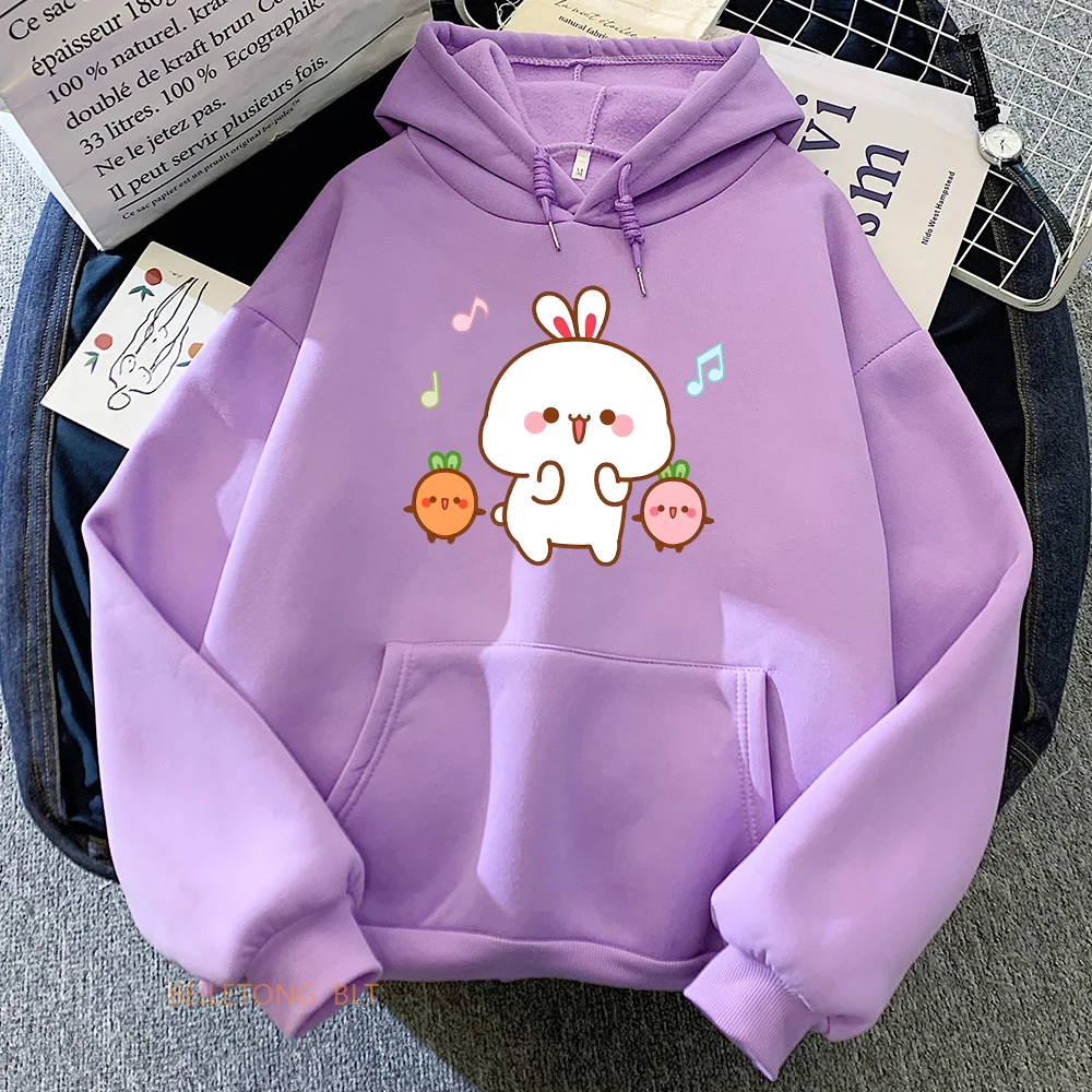 Bunny Rabbit and Carrot Cute Hoodies Cartoon Girls Kawaii Winter Sweatshirts Winter Comfortable Soft Women Pullovers Pocket Top