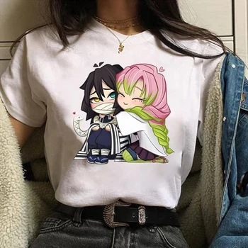 Funny Kanroji Mitsuri Iguro Obanai Cartoon Print T-Shirt Couple Casual Loose Short Sleeve Round Neck Harajuku Tops Clothing 1