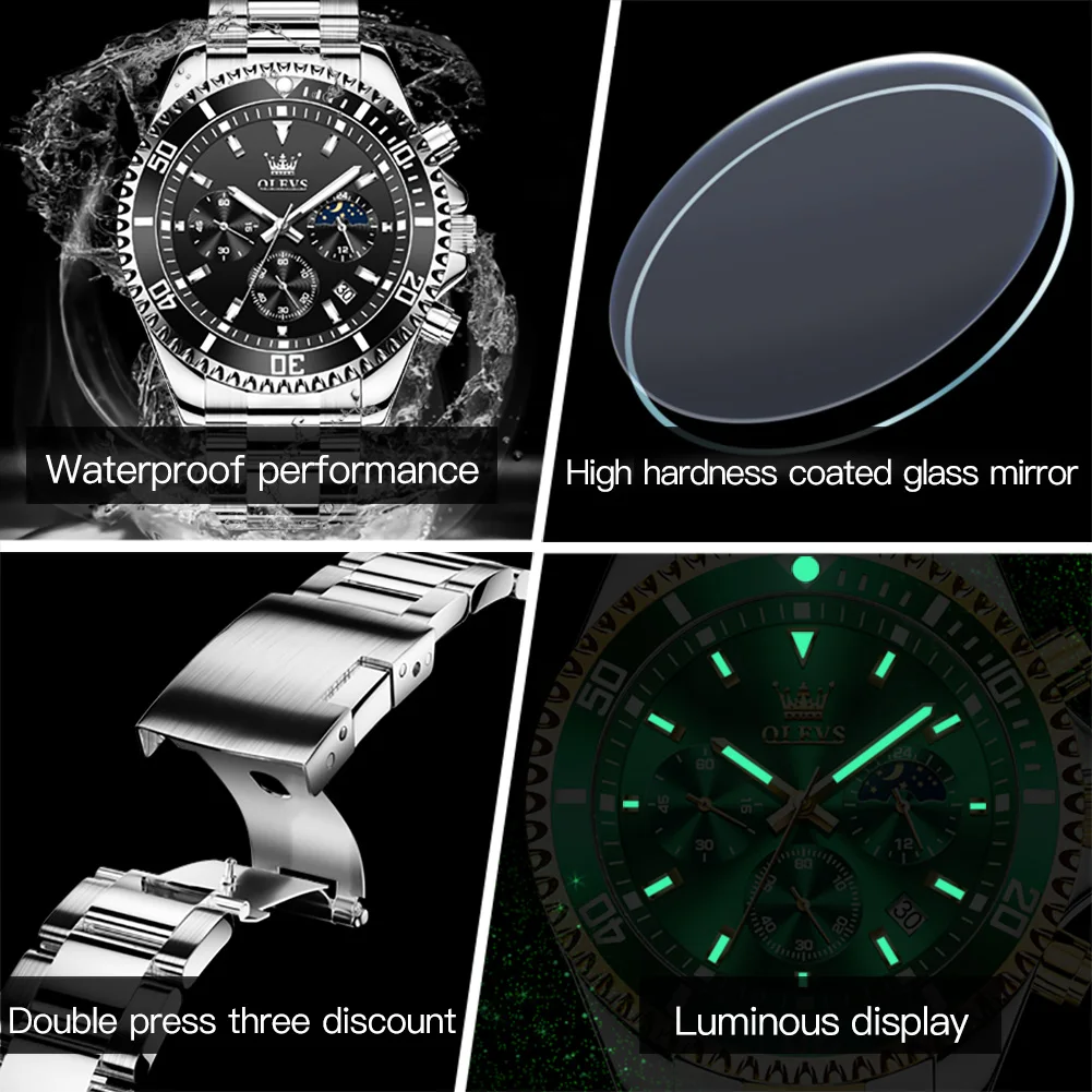 OLEVS Men's Watches Luxury Stainless Steel Waterproof Watches for Men Luminous Big Dial Chronograph Moon Phase Quartz Wristwatch