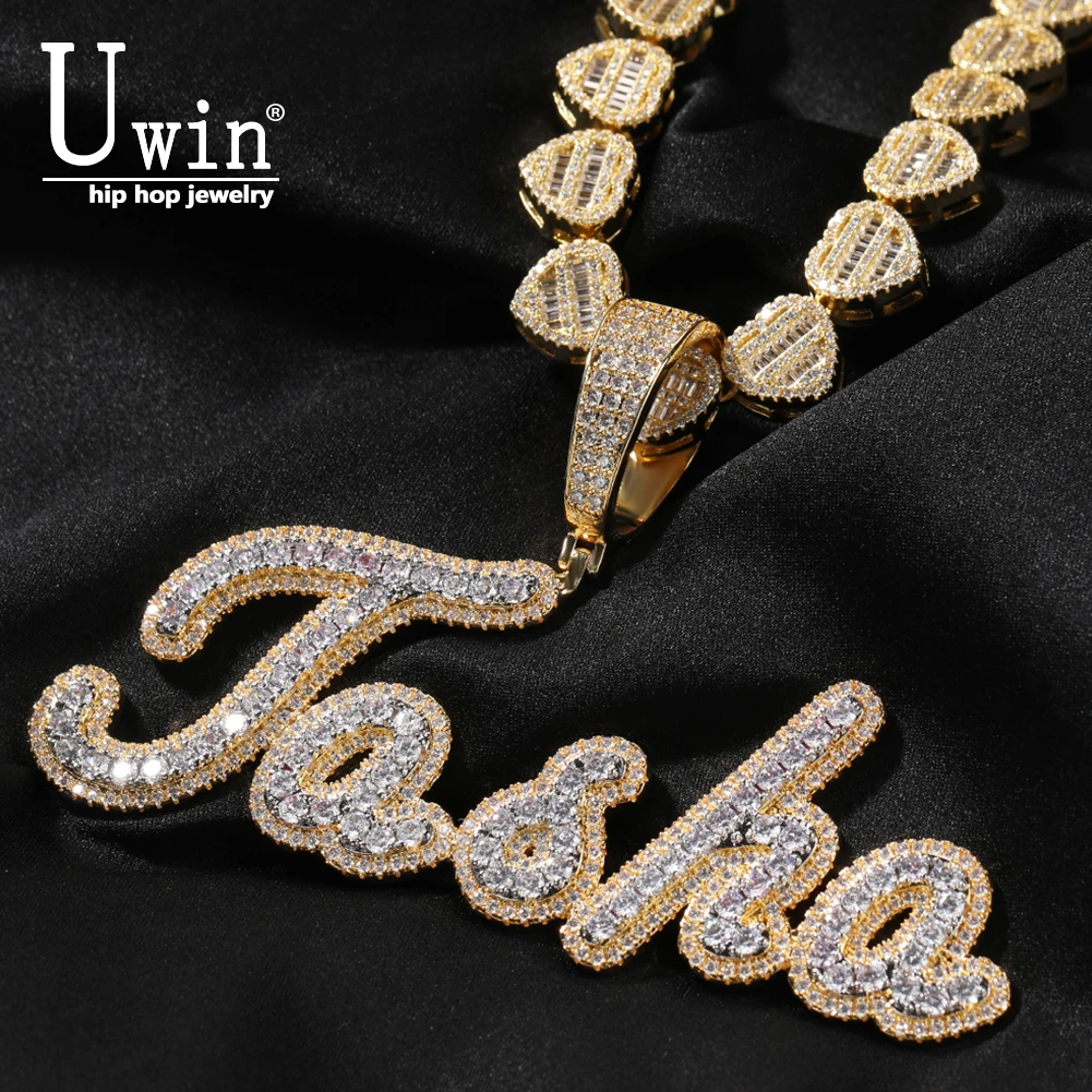 Uwin Custom BiColor Calligraphy Letter Pendant Name Necklace Heart Chain Iced Out Cubic Zircon Personalized Hiphop Jewelry Gift