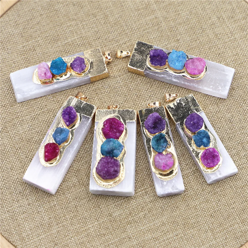 Natural Stone Rectangle Plaster Gypsum Ore Colorful Agate Pendants Making Plated Rectangle Gold Necklace Men Women Jewelry 6PCS