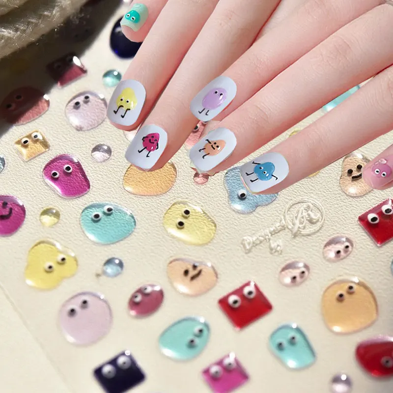 1Pc Coloful Funny Jelly Smiling Face Nail Decals Fresh Relief Cartoon Decorations Self Adhensive Nail Manicure Funny Stickers #