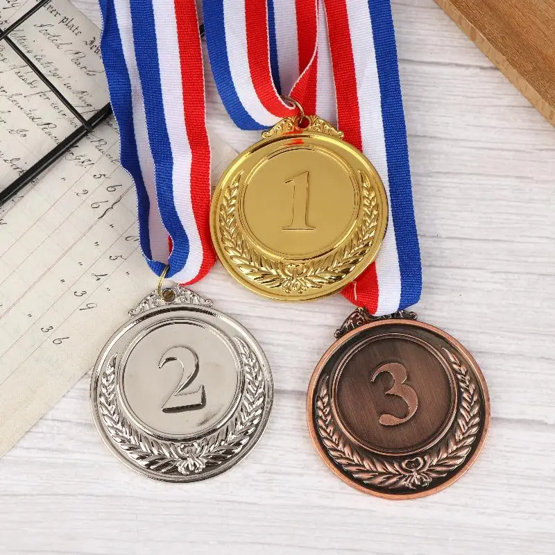1pc Metal Award Medals With Neck Ribbon Gold Silver Bronze Style For Sports Academics Or Any Competition Diameter