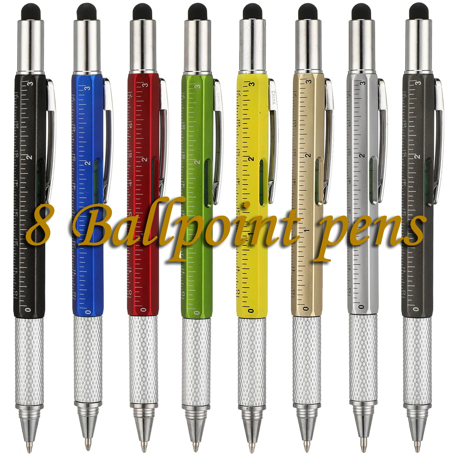 8Pcs Multi Function Ballpoint Pen. Screwdriver, Tool, Caliper, Level, Scale, Ballpoint Pen, Capacitance creative multi function screwdriver tool caliper level gauge scale metal pens for writing 5pcs lot capacitor touch ballpoint pen