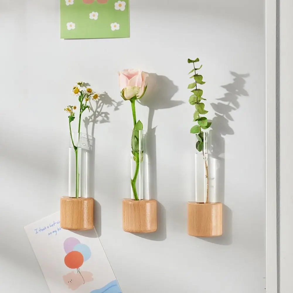 2 Pcs Solid Wood Magnetic Hydroponic Vase Durable Decorative Refrigerator Magnet Vase Shatterproof Wall Hanging Vase Kitchen 3