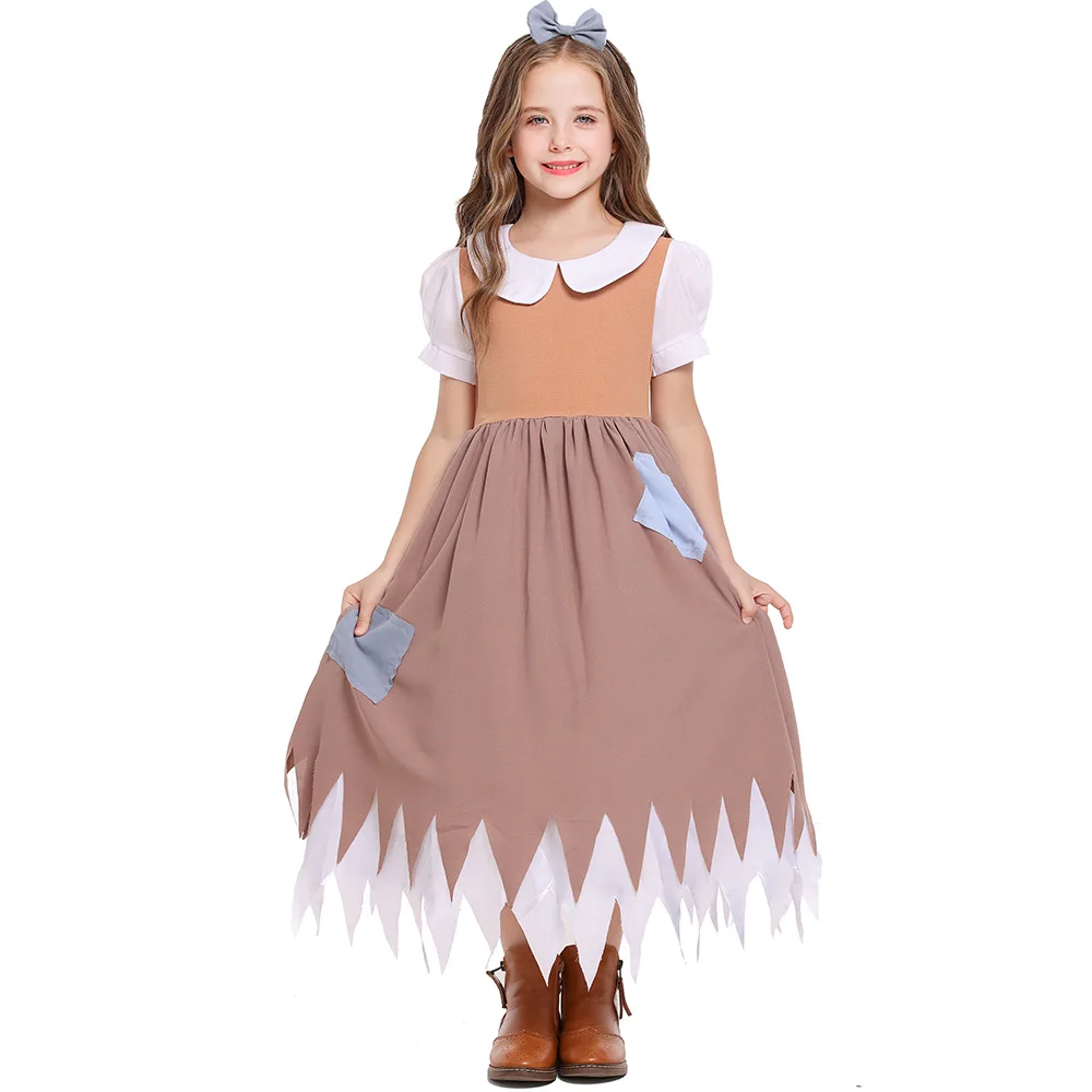 Orphan Poor Girl Cinderella Costume Patched Dress for Girls Kids 2pcs/set 4-6Y 6-8Y 8-10Y 10-12Y