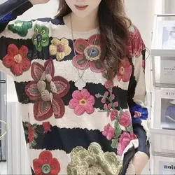 Korean Loose Floral Printed Round Neck Knitted T-shirt 2024 Women's Clothing All-match Fashion Chic Patchwork Long Sleeve Tops