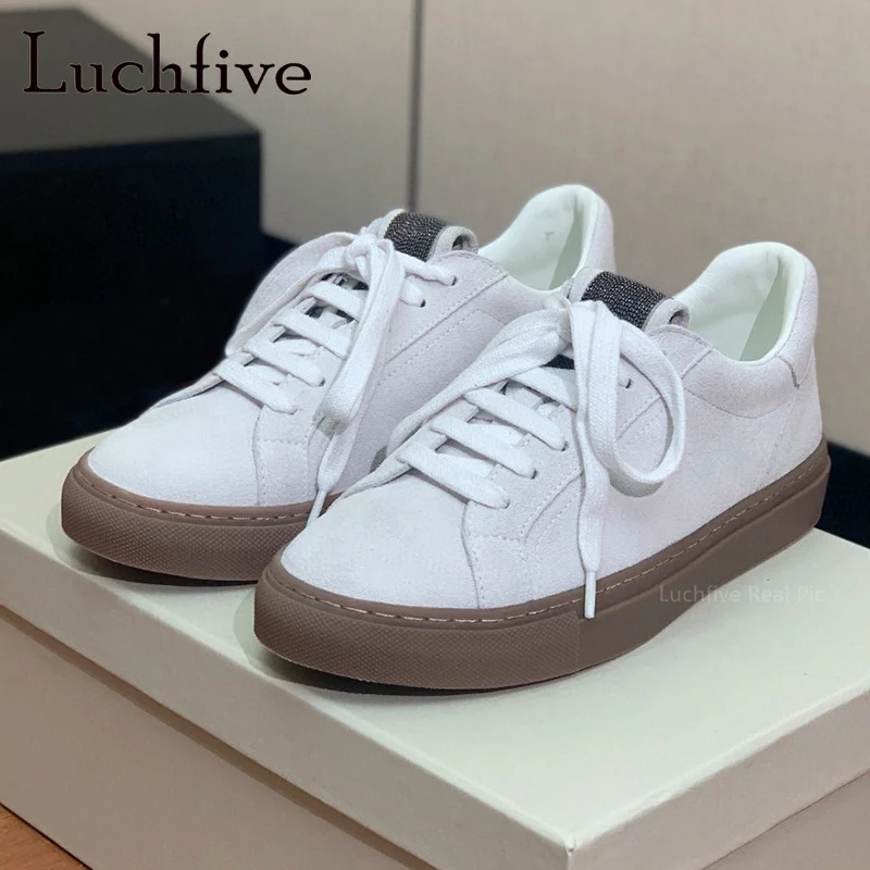 

2024 Spring Summer New Suede Thick Sole Flats Women's Shoes Lace Up Round Toe Sneakers Shoes Brand Casual Outside Daily Shoes