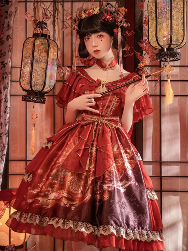 

2023 Lolita Women One Piece Dresses Girls Kawaii Red Sweet Princess Clothing Chinese Style Hanfu Cute Cosplay Costume Skirt