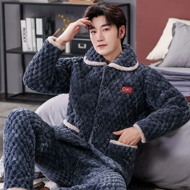 2024 New Autumn Winter Coral Velvet Men's Pajamas Three Layers of Cotton Loungewear Thickened Plushing Flannel Homewear Warm Set