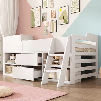 Cabin Bed Frame with Drawers Shelf Storage Low Single Children's Wooden Bed (90 x 190 cm) Frame Only