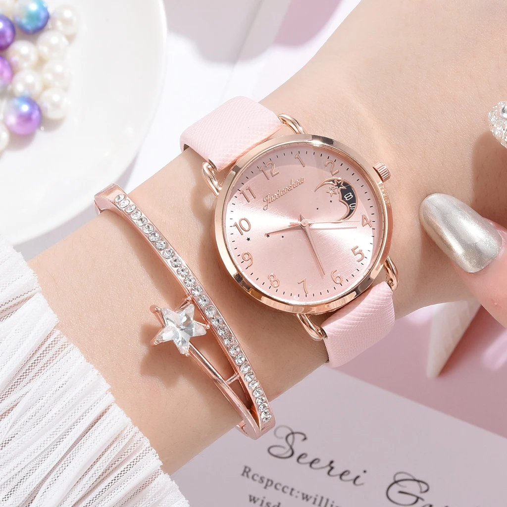 Women Watch Moon Numbers Dial Bracelet Watches Set Ladies Leather Band Quartz Wristwatch Women Female Clock Relogio Mujer
