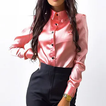 Women Spring And Autumn Vintage Satin Shirt Turn-down Collar Long Sleeve Button Pure Color Silky Tops 2