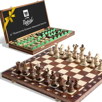 Handmade European Ambassador Chess Set - Wooden 21 Inch Beech & Birch Board with Felt Base - Carved Hornbeam & Sycamore W