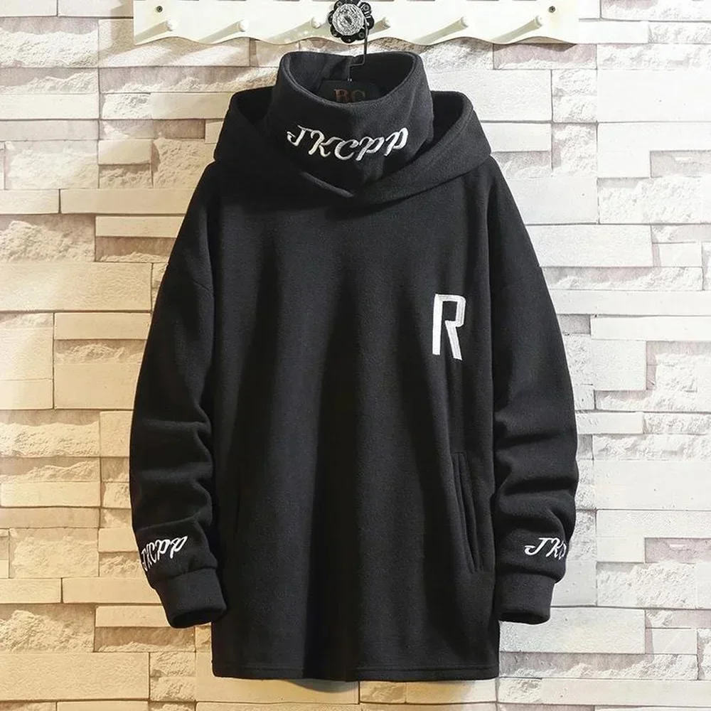 thumbnail image 1 of Sudadera con capucha de forro polar con cuello alto Harajuku para hombre, sudadera de moda urbana de hip hop para otoño e invierno, sudadera holgada de gran tamaño para hombre, 1 of 4