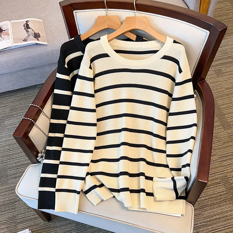 Plus Size Women's Bust 160 Spring Autumn Loose Long Sleeve Striped Knitted Sweater Black Apricot 5XL 6XL 7XL 8XL 9XL 10X 170Kg