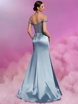 فساتين سهرة فاخرة من الساتان حورية البحر باللون الأزرق 2025 للنساء بدون أكمام ورقبة على شكل V وفتحة من التل فستان طويل للحفلات الراقصة 2