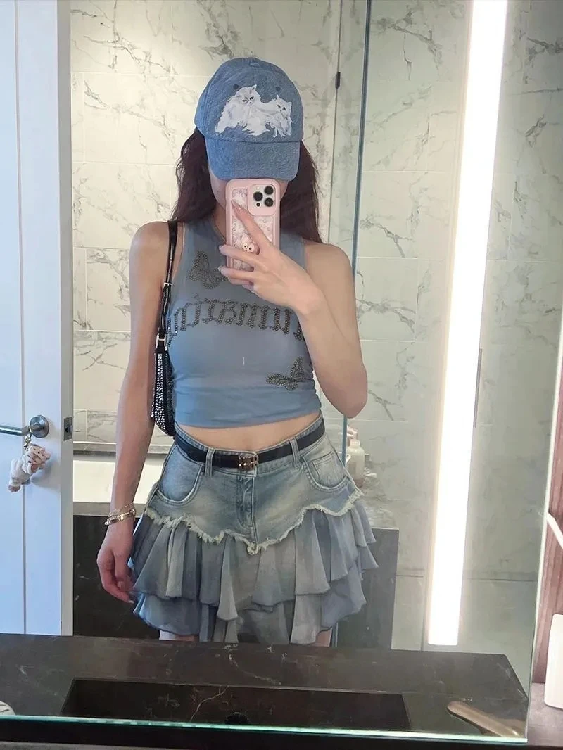 

Stitching Pleated Denim Skirt Women's Casual Short Skirt Summer Sweet Girl Street Falda Ruffled High Waist Mini A-line Skirts