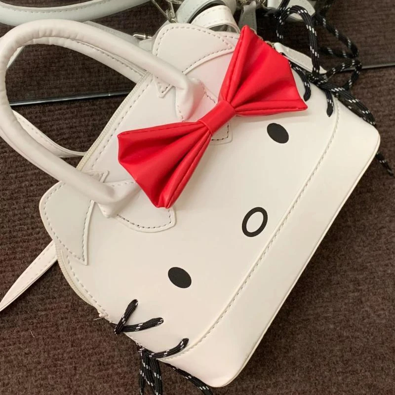 MBTI White Hello Kitty Shoulder Bag for Women Small Cartoon Leather Sweet Crossbody Bag Cute Bow Fashion Vintage Female Handbag