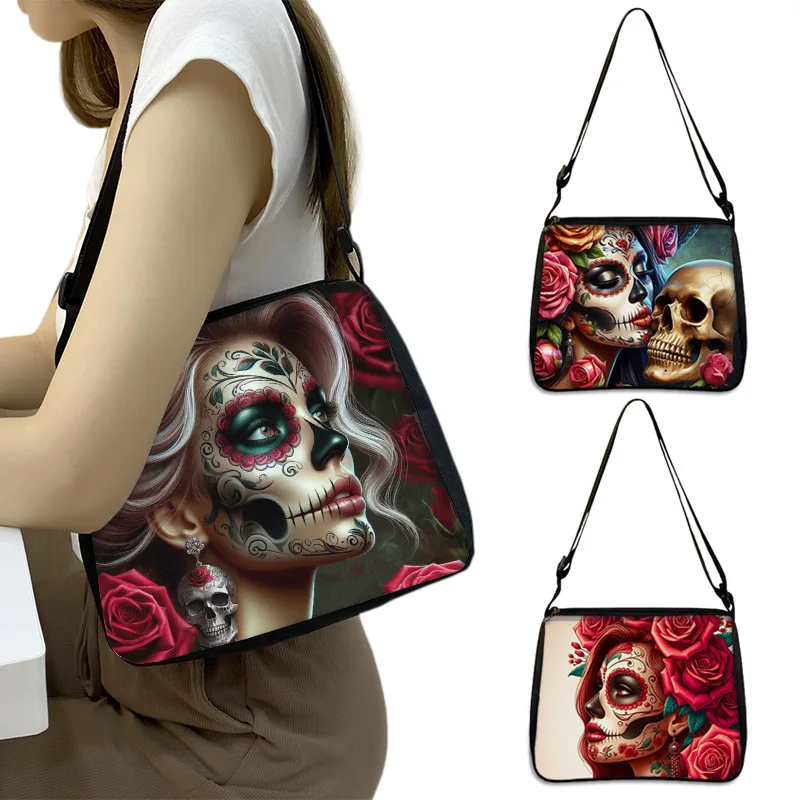 

Mexico Death Skeleton Shoulder Bags Flower Skull Women Handbag Messenger Bag Phone Holder Crossbody Bag Portable Storage Bags