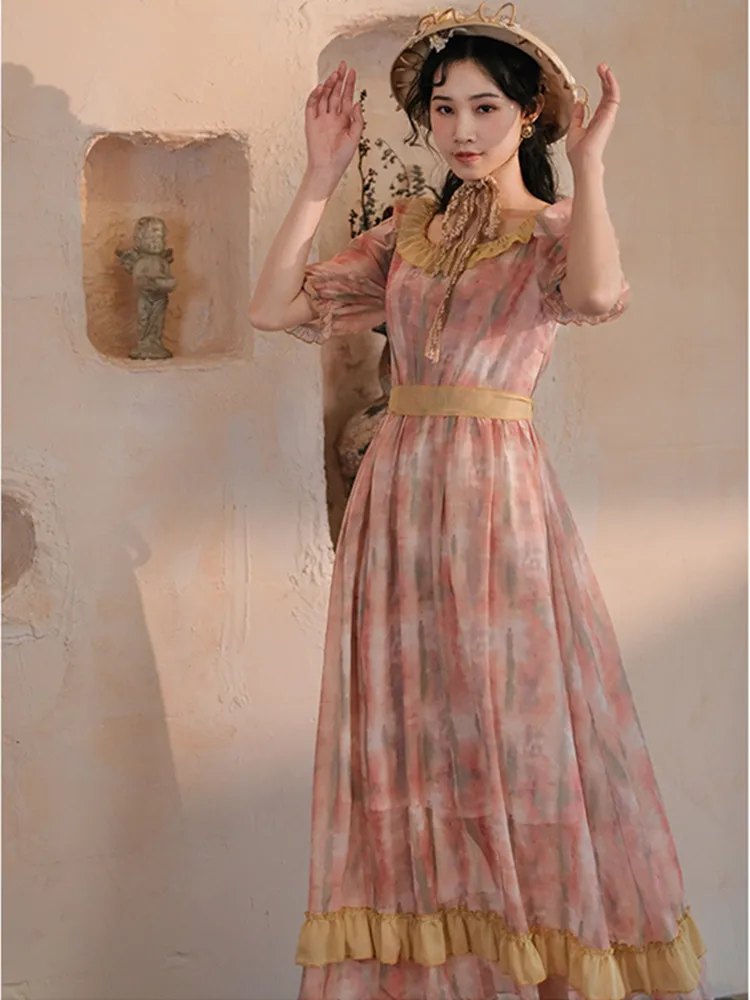 

AIGYPTOS Maxi Dresses For Women Summer Vintage Elegant Square Collar Ruffles Tie Dye Chiffon Dress robe femme vestido feminine
