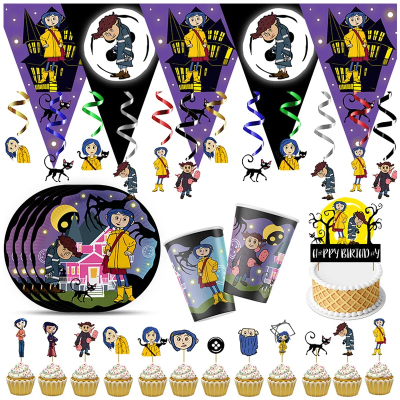 Coraline – Kit Decorazioni Compleanno: 18 Palloncini, Striscione, 13 Topper Per Torta – Tema Blu E Nero