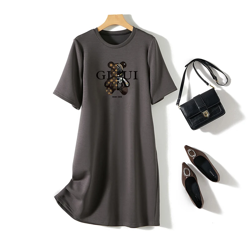 Women Cartoon Printed Tunic Office Lady Summer Cotton Short Sleeve Casual Loose O-neck Pullover Dresses 4