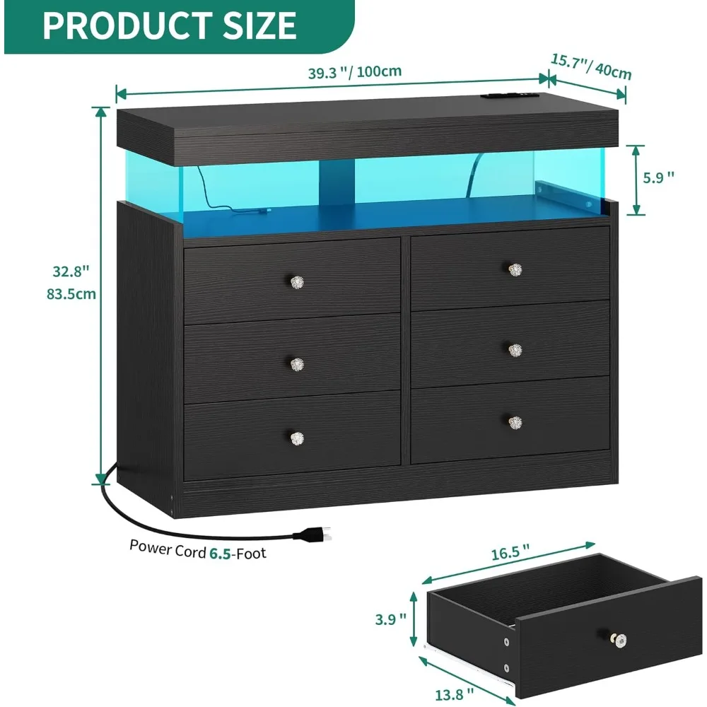 6 Drawer Dressers with LED Lights & Charging Station, Modern Chest of Drawers, Double Storage Dresser for Living Room