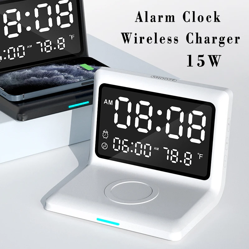 

6 IN 1 Alarm Clock 15W Qi Wireless Charger With Digital Thermometer LED Desk Lamp for Bedroom Mobile Phone Fast Charger Pad