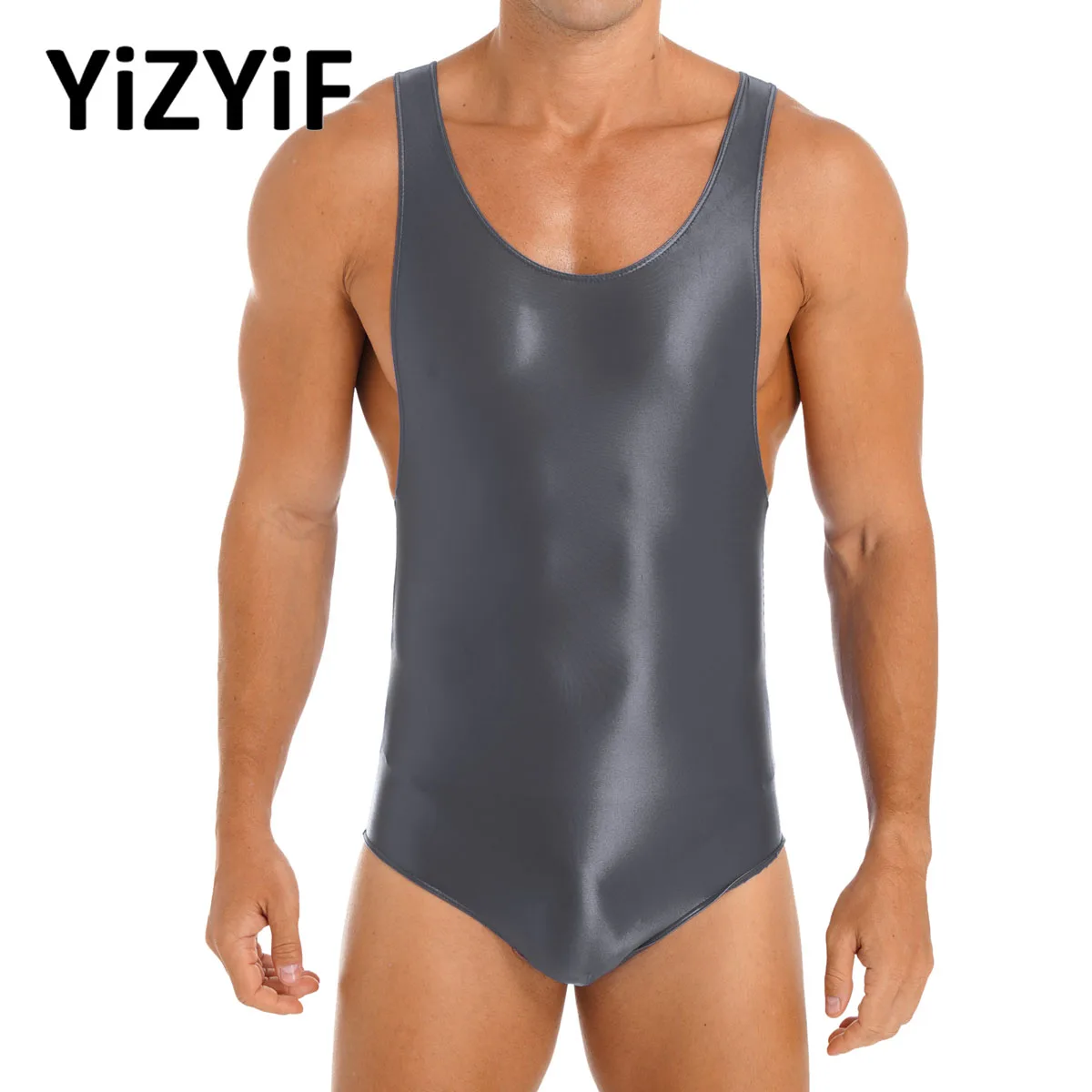 Mens Oil Shiny Glossy Bodysuit Swimwear Swimmsuit Satin Smooth Sleeveless High Cut Thong Leotard Jumpsuit Sport Gym Clubwear zaful women s lace plunging neck triangle solid color thong bikini set matching two piece swimwear l deep coffee