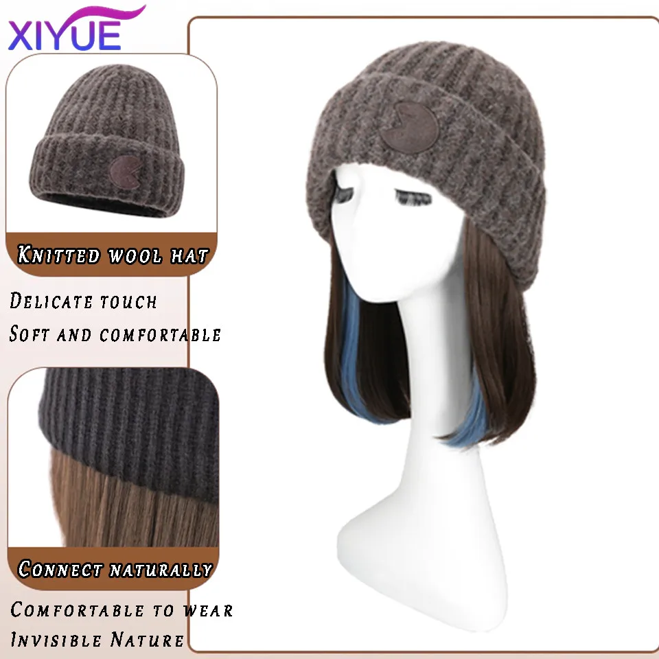XYFashion Hat Wig Brimless Cap with Long Curly Wave Hair Extensions Knitted Synthetic Removable Hairs Piece for Women Winter Use