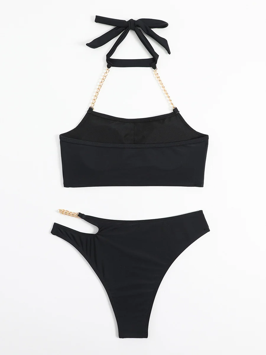 Sexy Metal Chains Halter Bikini Women Bikinis Mid Waist Swimwear Female Swimsuit Two-pieces Bikini set 2024 Bathing Suit Swim