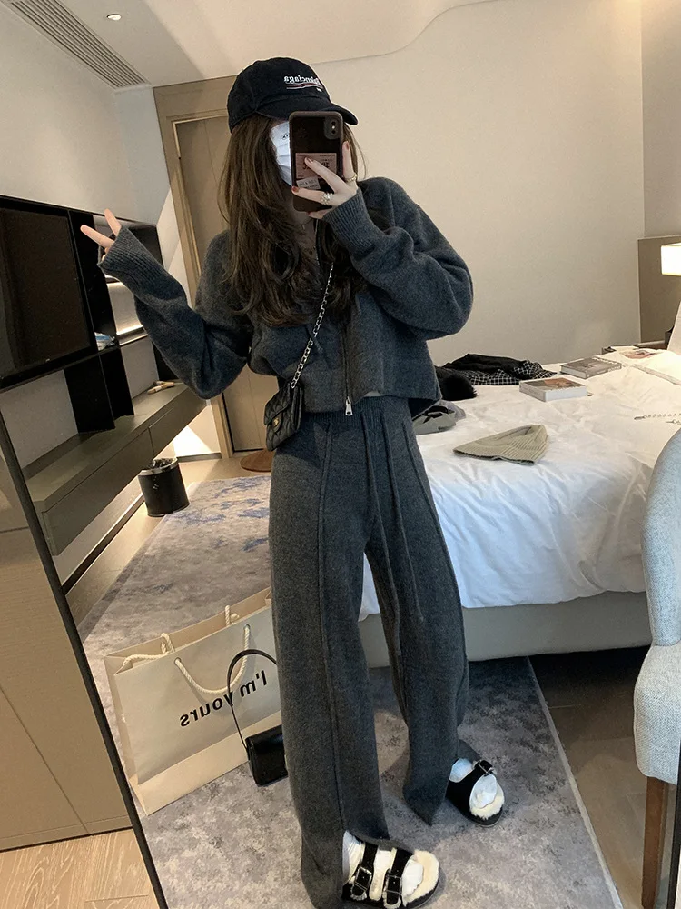 

Women Sets Loose Hooded Sweater Cardigan and Wide-leg Pants Knit Sweater Set Women Autumn and Winter Lazy Casual Two-piece Set